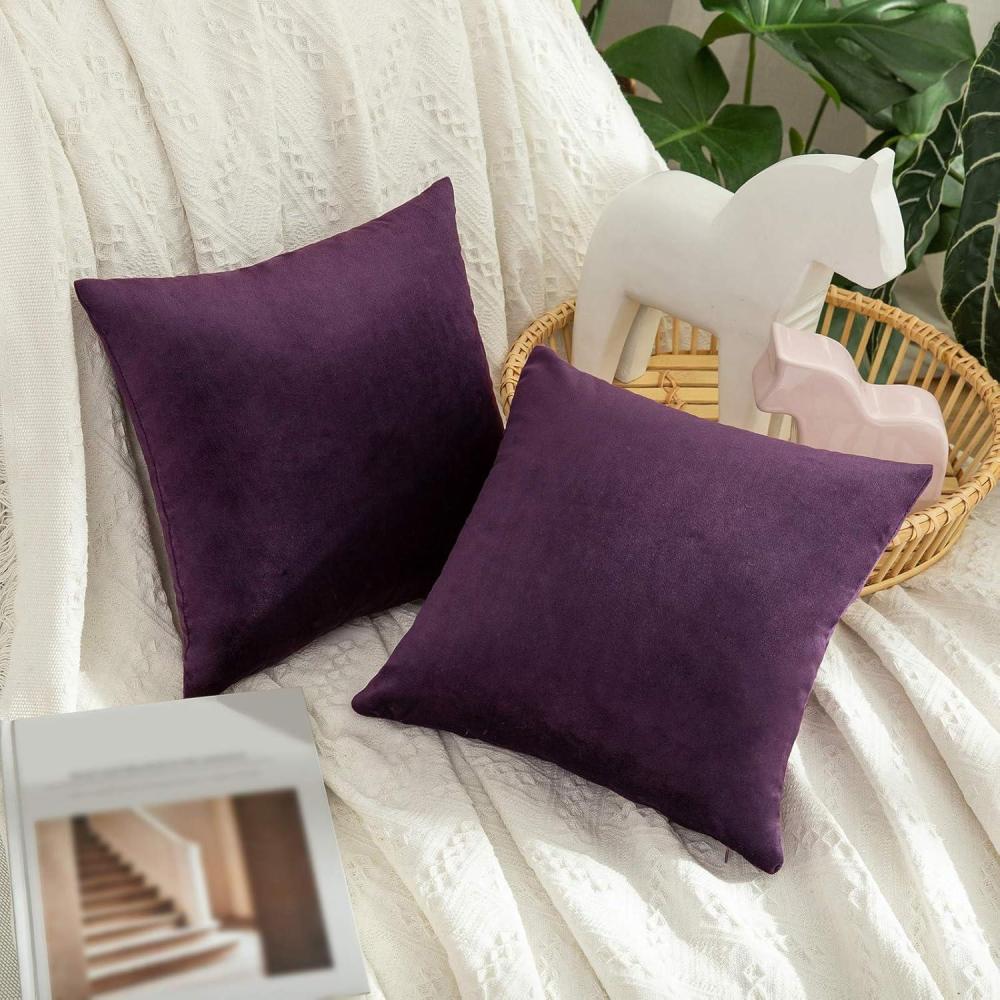imageMIULEE Pack of 2 Velvet Pillow Covers Decorative Square Pillowcase Soft Solid Cushion Case for Sofa Bedroom Car 14 x 14 Inch Eggplant Purple