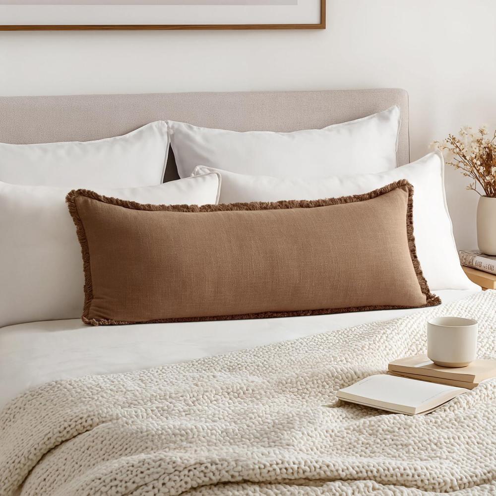 imageMIULEE Decorative Throw Pillow Covers Neutral Linen Fringe Throw Pillows Set of 1 Natural Beige Boho Farmhouse Cushion Covers for Couch Sofa Bed Living Room Spring Home Decor 14x36 InchBrown