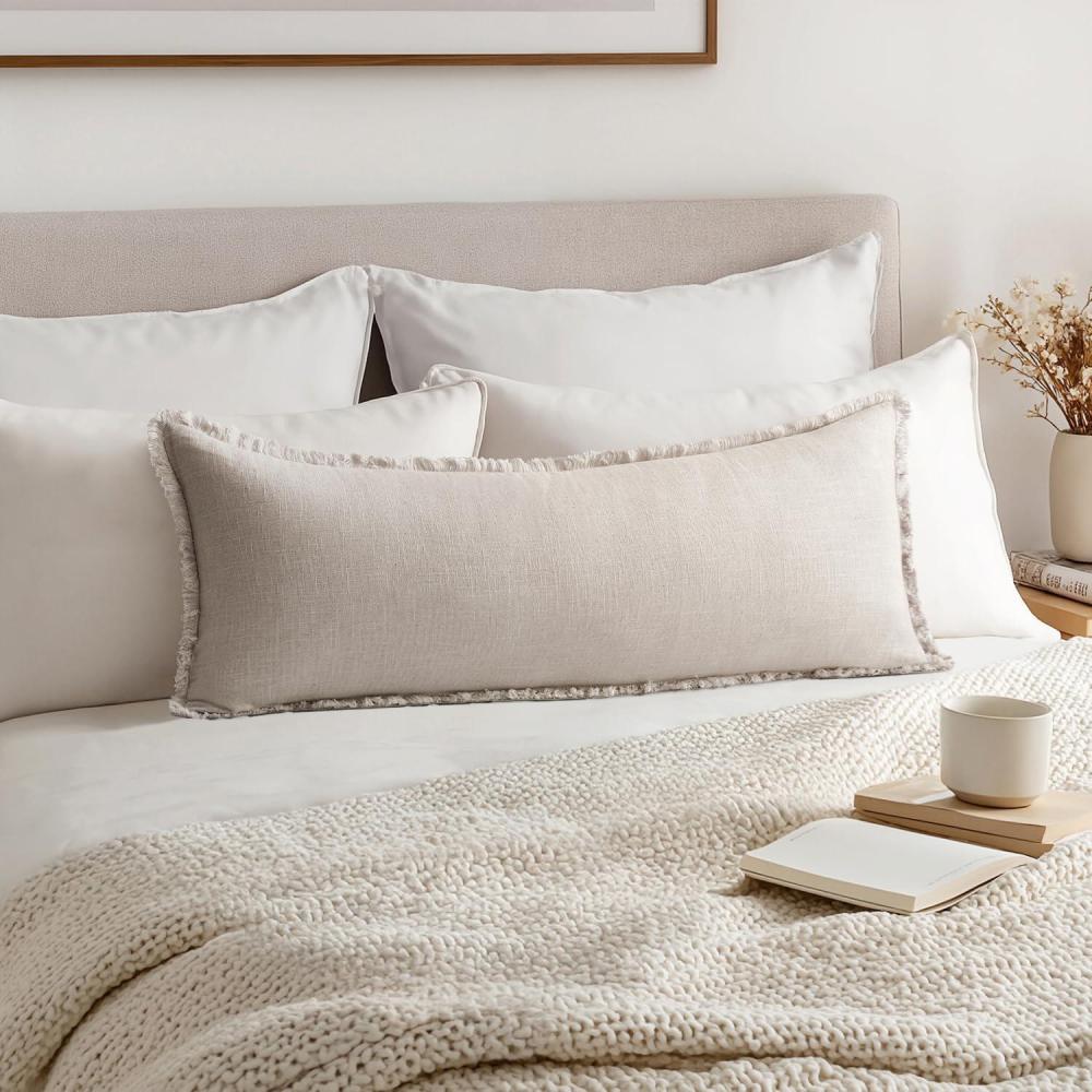 imageMIULEE Decorative Throw Pillow Covers Neutral Linen Fringe Throw Pillows Set of 1 Natural Beige Boho Farmhouse Cushion Covers for Couch Sofa Bed Living Room Spring Home Decor 14x36 InchNatural Beige