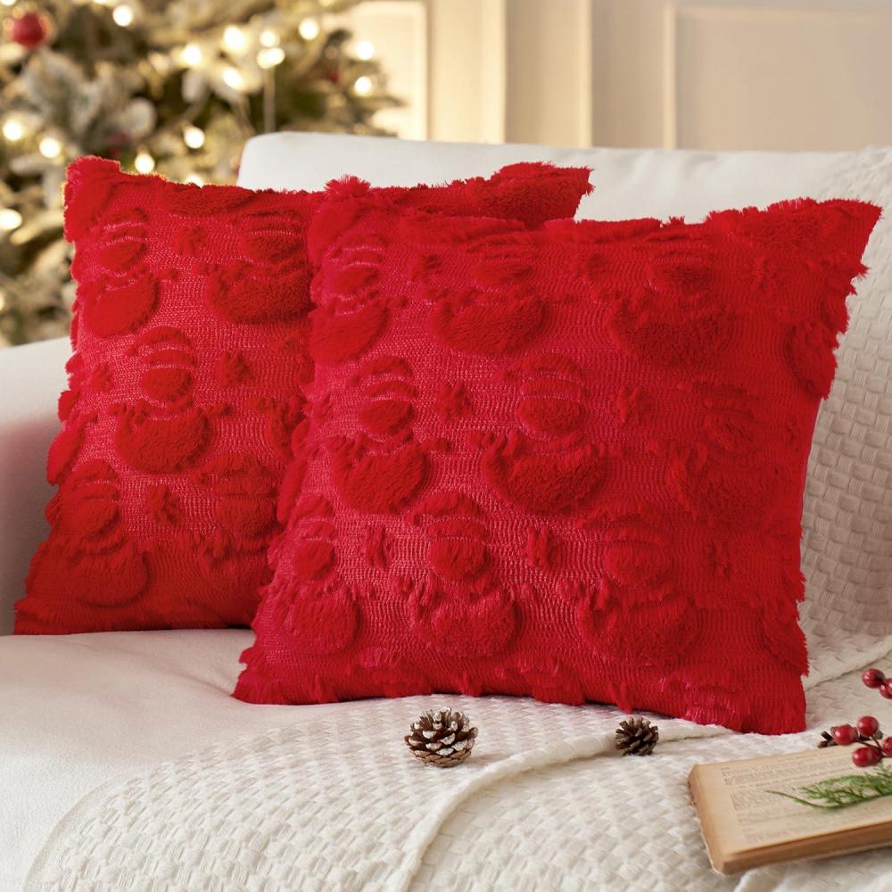 imageMIULEE Christmas Pillow Covers 18x18 Inch Pure White Winter Pillow Covers Set of 2 Decorative Festival Soft Fluffy Snowman Pillowcases for Home Decors Couch Sofa Livingroom BedRed
