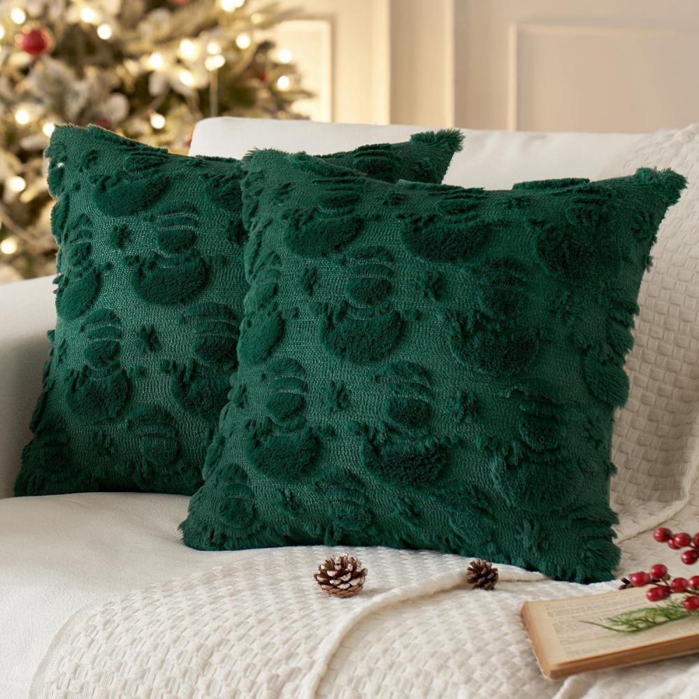 imageMIULEE Christmas Pillow Covers 18x18 Inch Pure White Winter Pillow Covers Set of 2 Decorative Festival Soft Fluffy Snowman Pillowcases for Home Decors Couch Sofa Livingroom BedDark Green