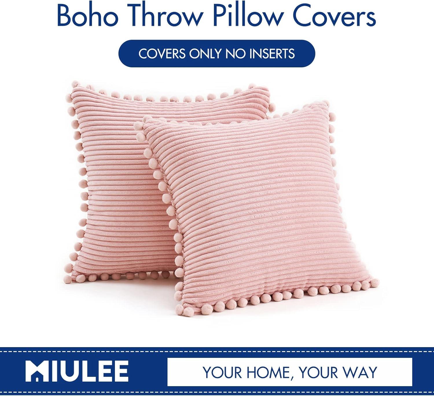 imageMIULEE Boho Decorative Throw Pillow Covers with Pompoms Soft Corduroy Square Solid Lumbar Cushion Cases for Spring Couch Sofa Bedroom 18x18 inch Pink