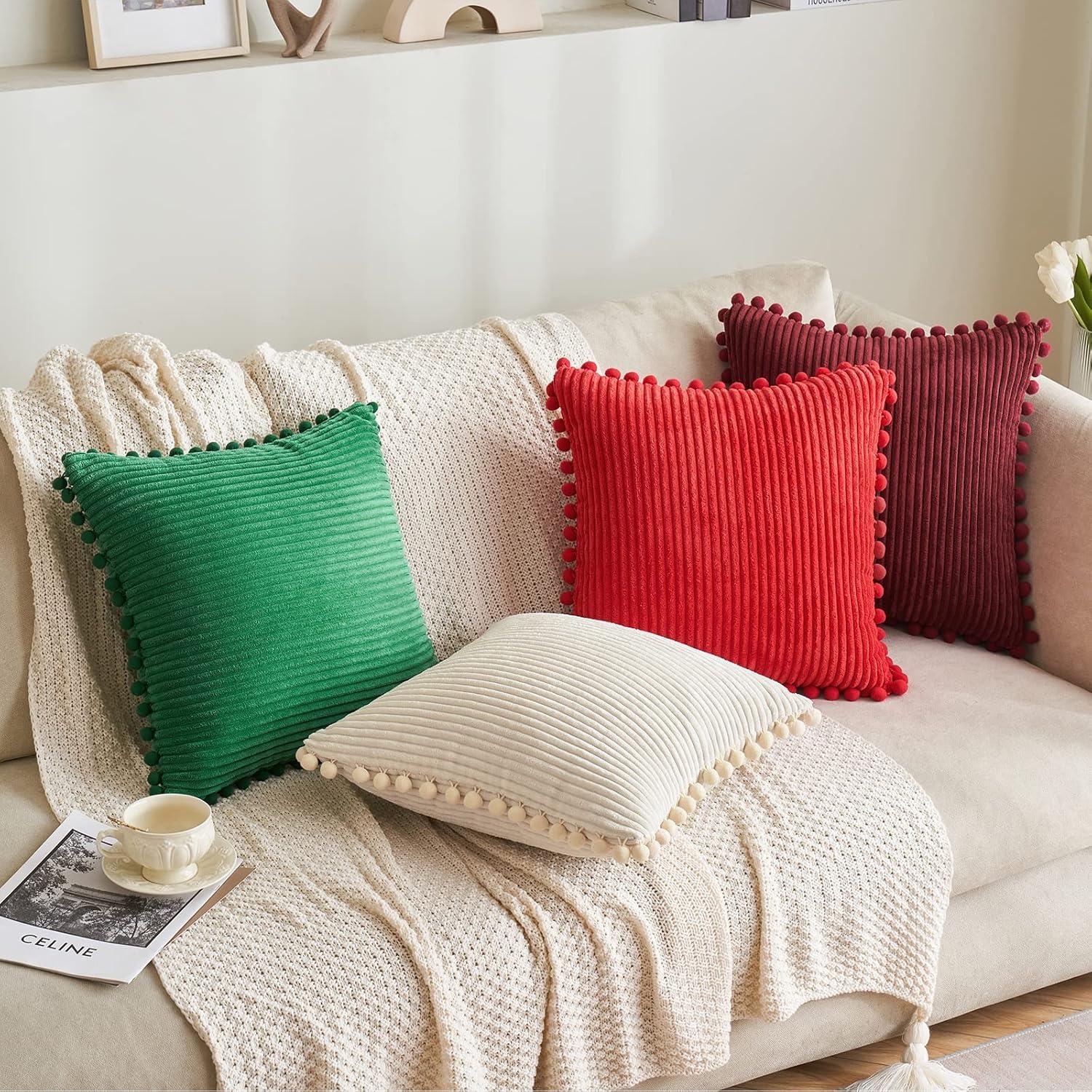 imageMIULEE Christmas Boho Decorative Throw Pillow Covers with Pompoms Soft Corduroy Square Solid Lumbar Cushion Cases for Couch Sofa Bedroom 18x18 inch Red