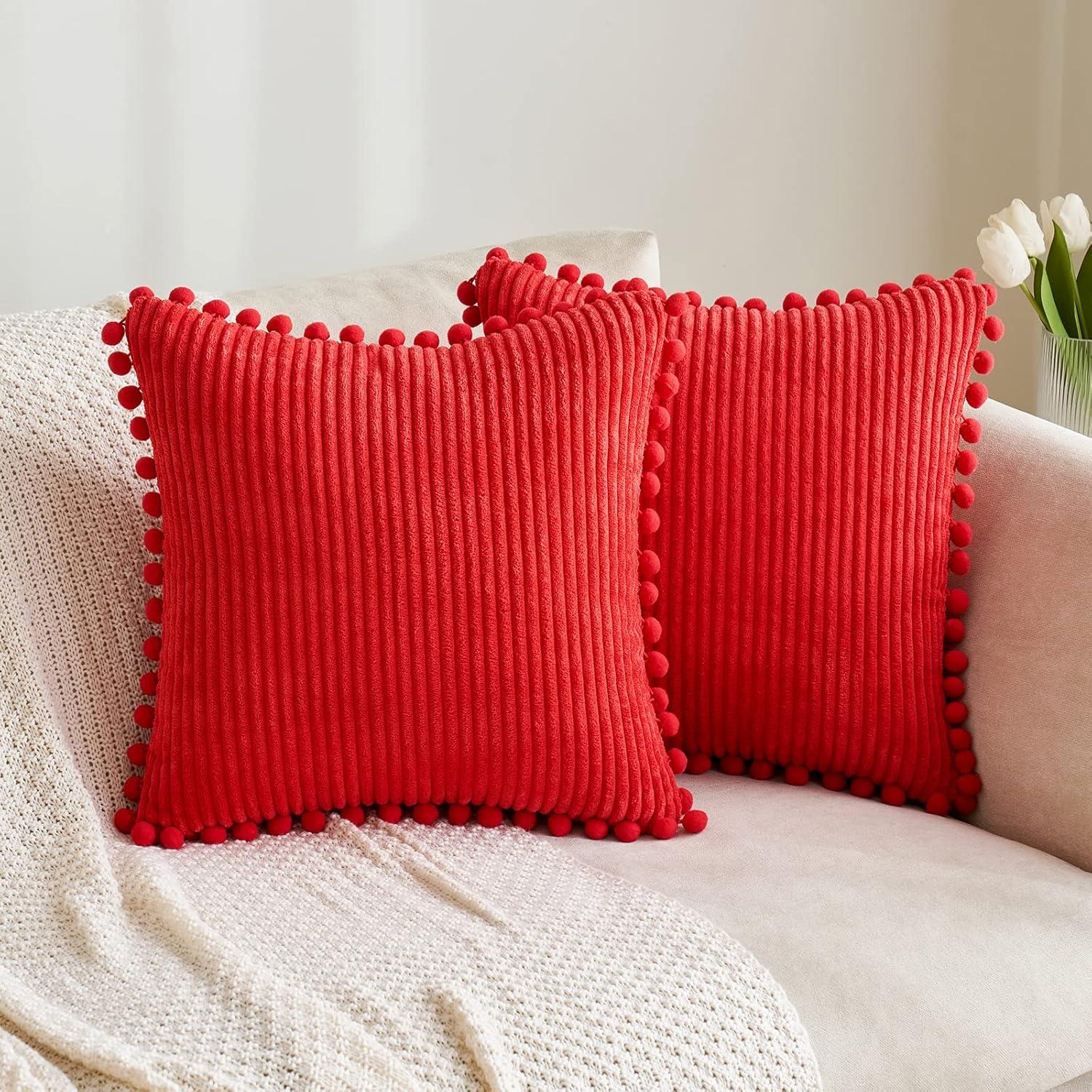 imageMIULEE Christmas Boho Decorative Throw Pillow Covers with Pompoms Soft Corduroy Square Solid Lumbar Cushion Cases for Couch Sofa Bedroom 18x18 inch Red