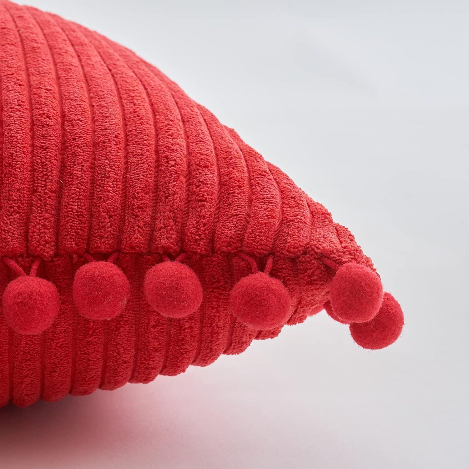 imageMIULEE Christmas Boho Decorative Throw Pillow Covers with Pompoms Soft Corduroy Square Solid Lumbar Cushion Cases for Couch Sofa Bedroom 18x18 inch Red