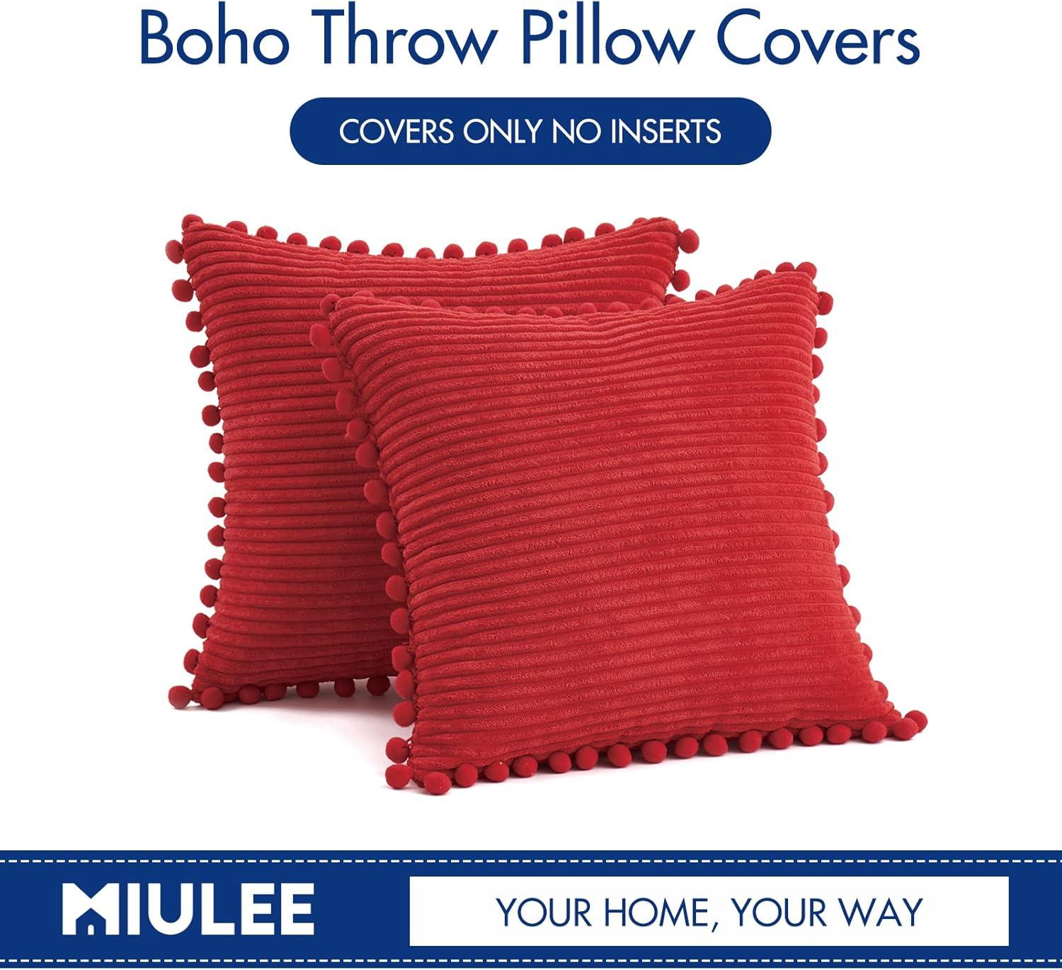 imageMIULEE Christmas Boho Decorative Throw Pillow Covers with Pompoms Soft Corduroy Square Solid Lumbar Cushion Cases for Couch Sofa Bedroom 18x18 inch Red