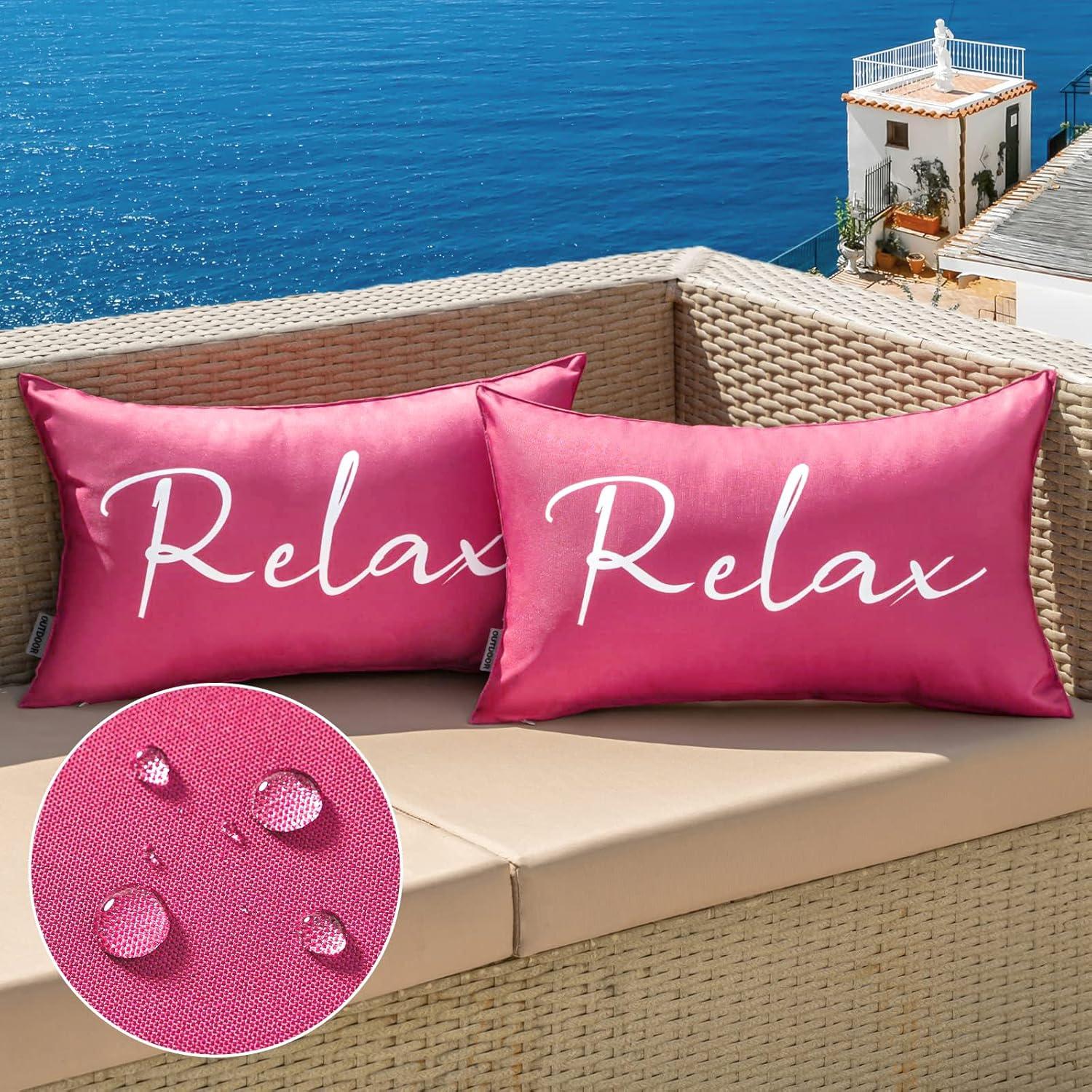 imageMIULEE Outdoor Waterproof Throw Pillow Covers Set of 2 Relax Decorative Outdoor Square Pillowcases for Chair Patio Garden Couch Tent Balcony Sofa Deep Blue 18x18 InchHot Pink