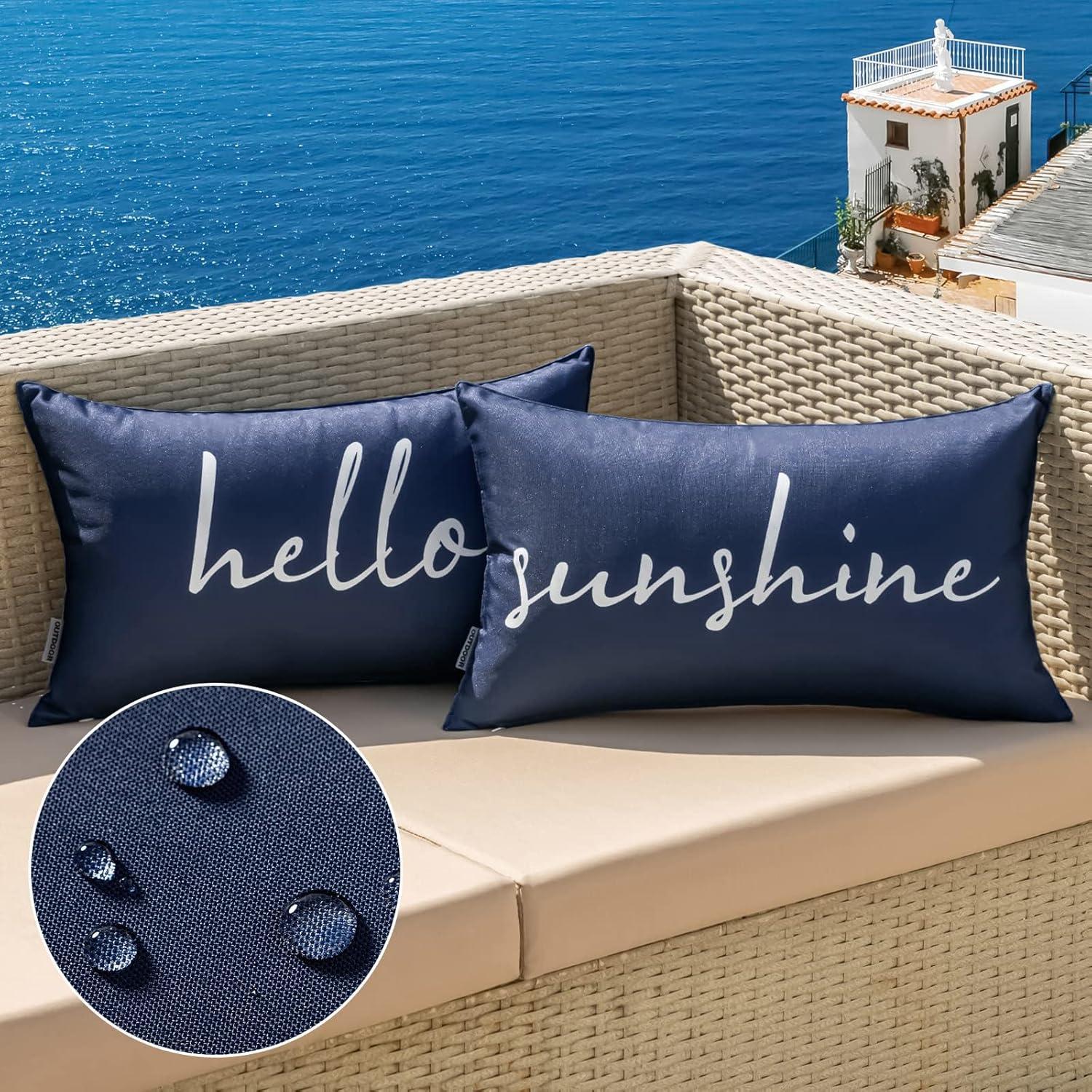 imageMIULEE Outdoor Waterproof Throw Pillow Covers Set of 2 Spring Hello Sunshine Decorative Outdoor Square Pillowcases for Chair Patio Garden Couch Tent Balcony Sofa Summer Yellow 20x20 InchNavy Blue