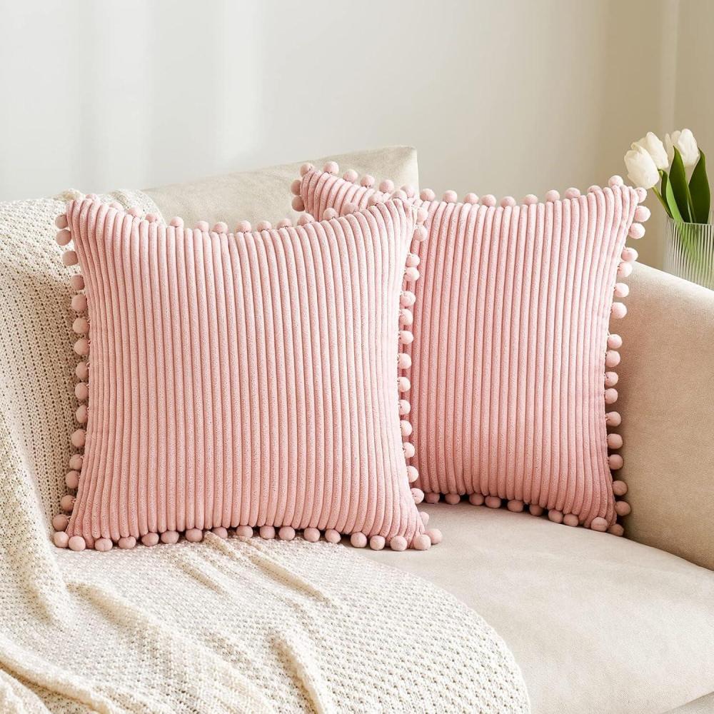 imageMIULEE Boho Decorative Throw Pillow Covers with Pompoms Soft Corduroy Square Solid Lumbar Cushion Cases for Spring Couch Sofa Bedroom 18x18 inch Pink