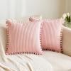 MIULEE Boho Decorative Throw Pillow Covers with Pom-poms, Soft Corduroy Square Solid Lumbar Cushion Cases for Spring Couch Sofa Bedroom, 18×18 inch Pink