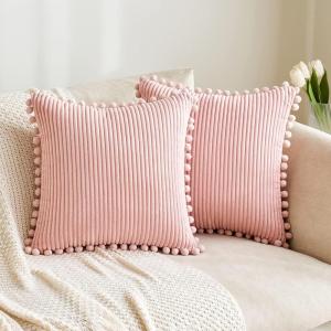 MIULEE Boho Decorative Throw Pillow Covers with Pom-poms, Soft Corduroy Square Solid Lumbar Cushion Cases for Spring Couch Sofa Bedroom, 18×18 inch Pink