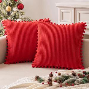 MIULEE Christmas Boho Decorative Throw Pillow Covers with Pom-poms, Soft Corduroy Square Solid Lumbar Cushion Cases for Couch Sofa Bedroom, 18×18 inch Red