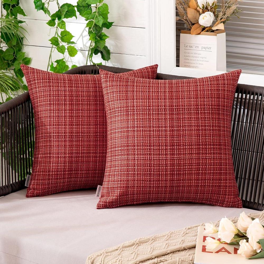 imageMIULEE Outdoor Waterproof Throw Pillow Covers Decorative Farmhouse Water Resistant Cushion Covers for Tent Patio Garden Couch Sofa Pack of 2 18x18 Inch BeigeRed