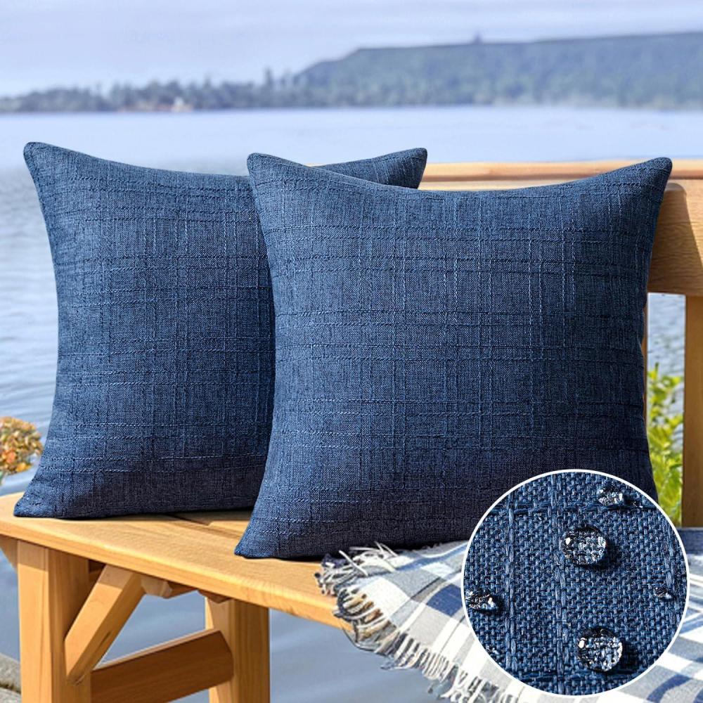 imageMIULEE Outdoor Waterproof Throw Pillow Covers Decorative Farmhouse Water Resistant Cushion Covers for Tent Patio Garden Couch Sofa Pack of 2 20x20 Inch Light BlueNavy Blue