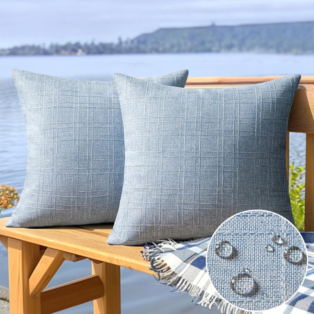 imageMIULEE Outdoor Waterproof Throw Pillow Covers Decorative Farmhouse Water Resistant Cushion Covers for Tent Patio Garden Couch Sofa Pack of 2 20x20 Inch Light BlueLight Blue