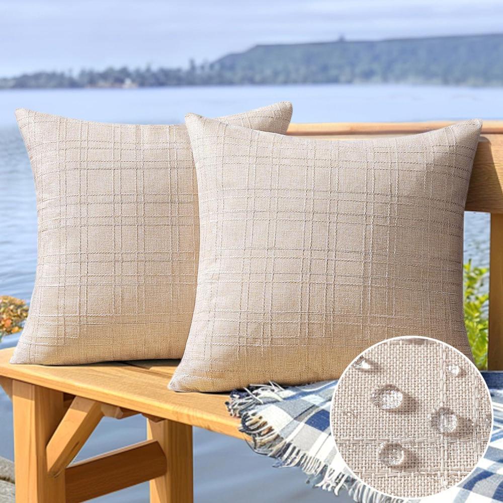 imageMIULEE Outdoor Waterproof Throw Pillow Covers Decorative Farmhouse Water Resistant Cushion Covers for Tent Patio Garden Couch Sofa Pack of 2 20x20 Inch Light BlueBeige