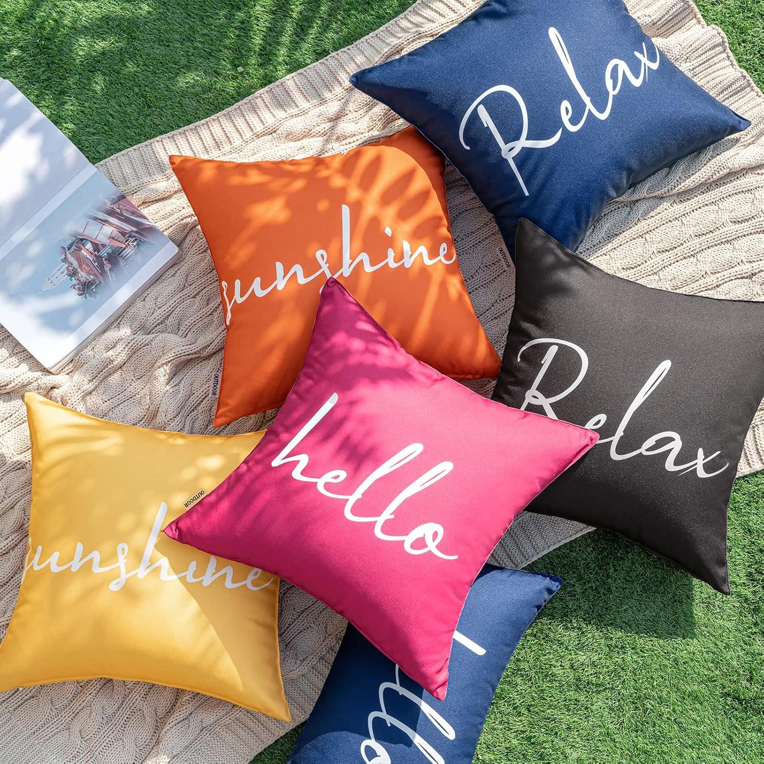 imageMIULEE Outdoor Waterproof Throw Pillow Covers Set of 2 Hello Sunshine Decorative Outdoor Square Pillowcases for Chair Patio Garden Couch Tent Balcony Sofa Black 18x18 InchHot Pink