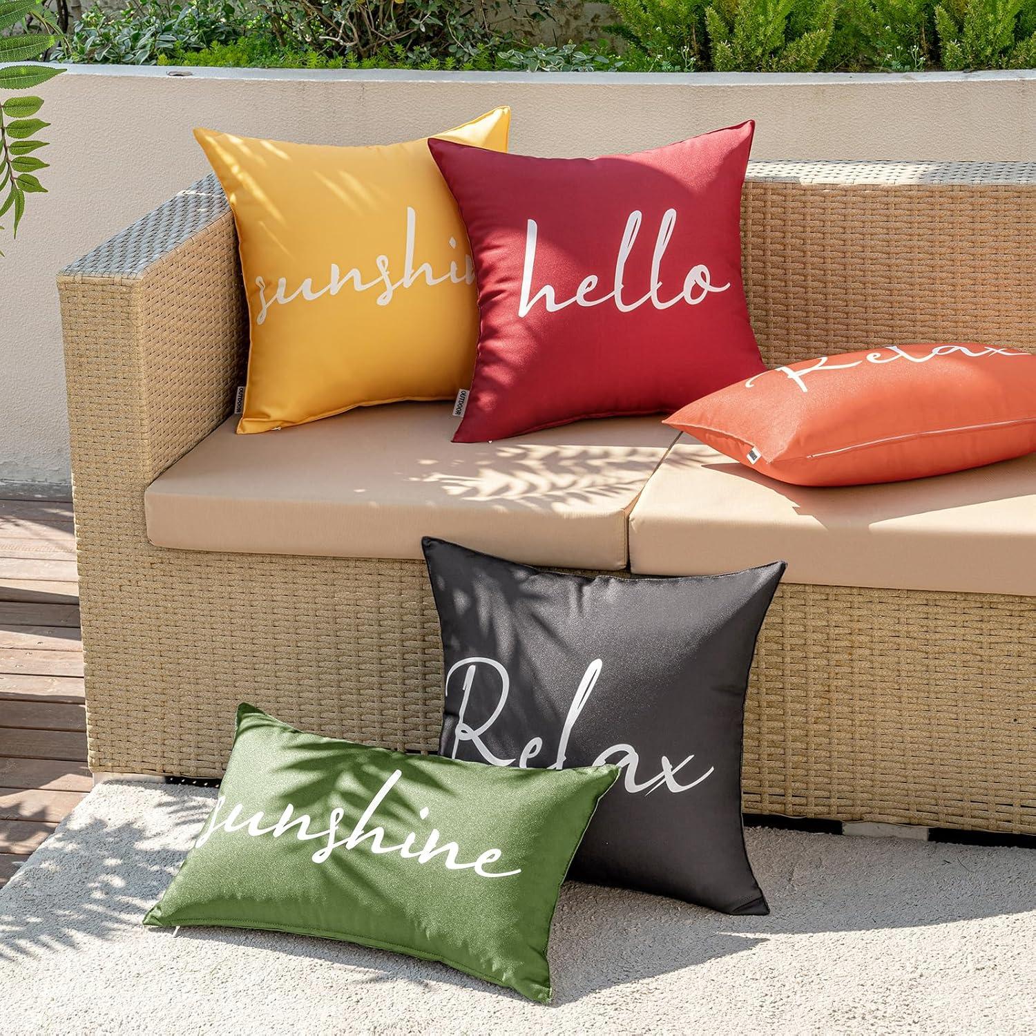 imageMIULEE Outdoor Waterproof Throw Pillow Covers Set of 2 Hello Sunshine Decorative Outdoor Square Pillowcases for Chair Patio Garden Couch Tent Balcony Sofa Black 18x18 InchOlive Green