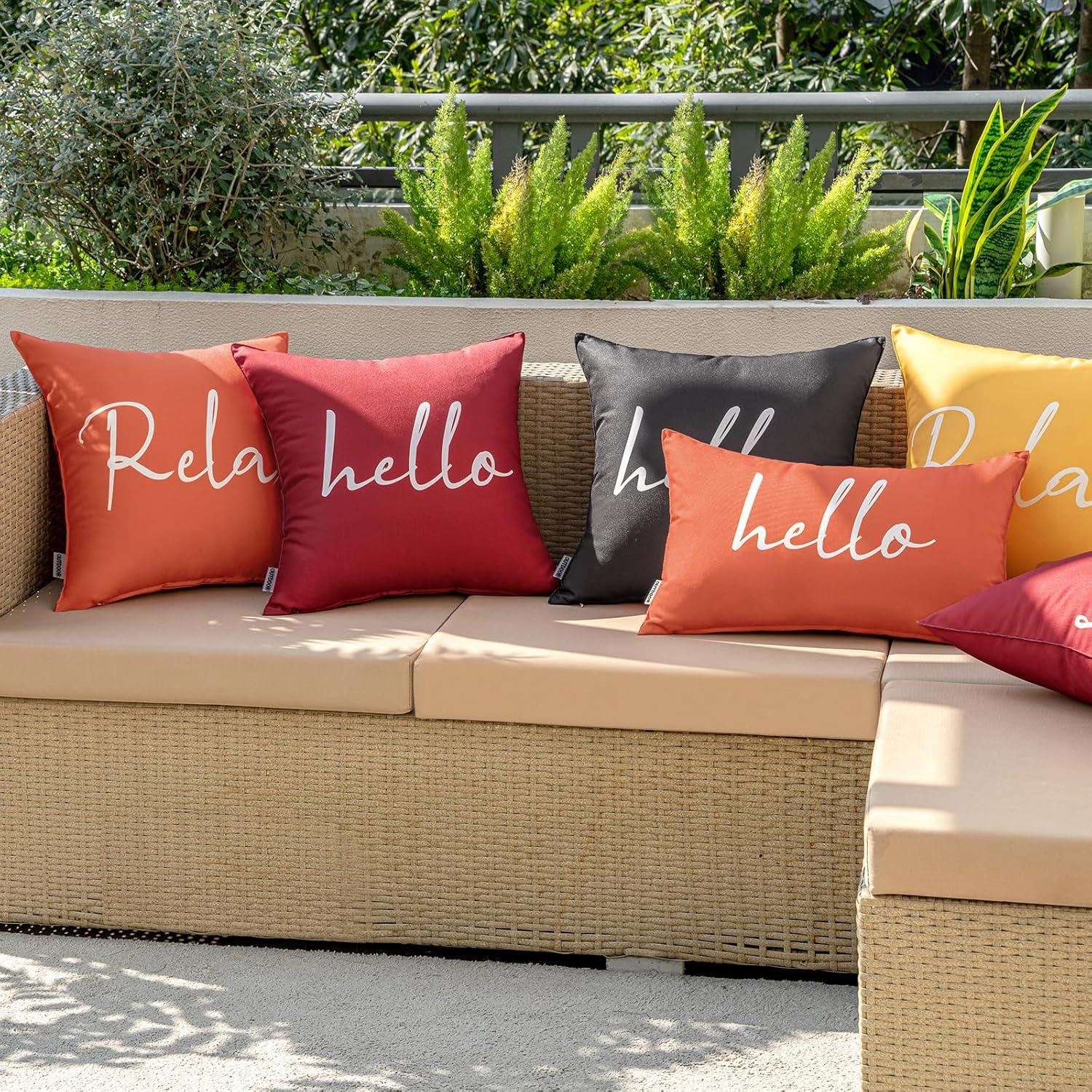 imageMIULEE Outdoor Waterproof Throw Pillow Covers Set of 2 Hello Sunshine Decorative Outdoor Square Pillowcases for Chair Patio Garden Couch Tent Balcony Sofa Black 18x18 InchCoral Red