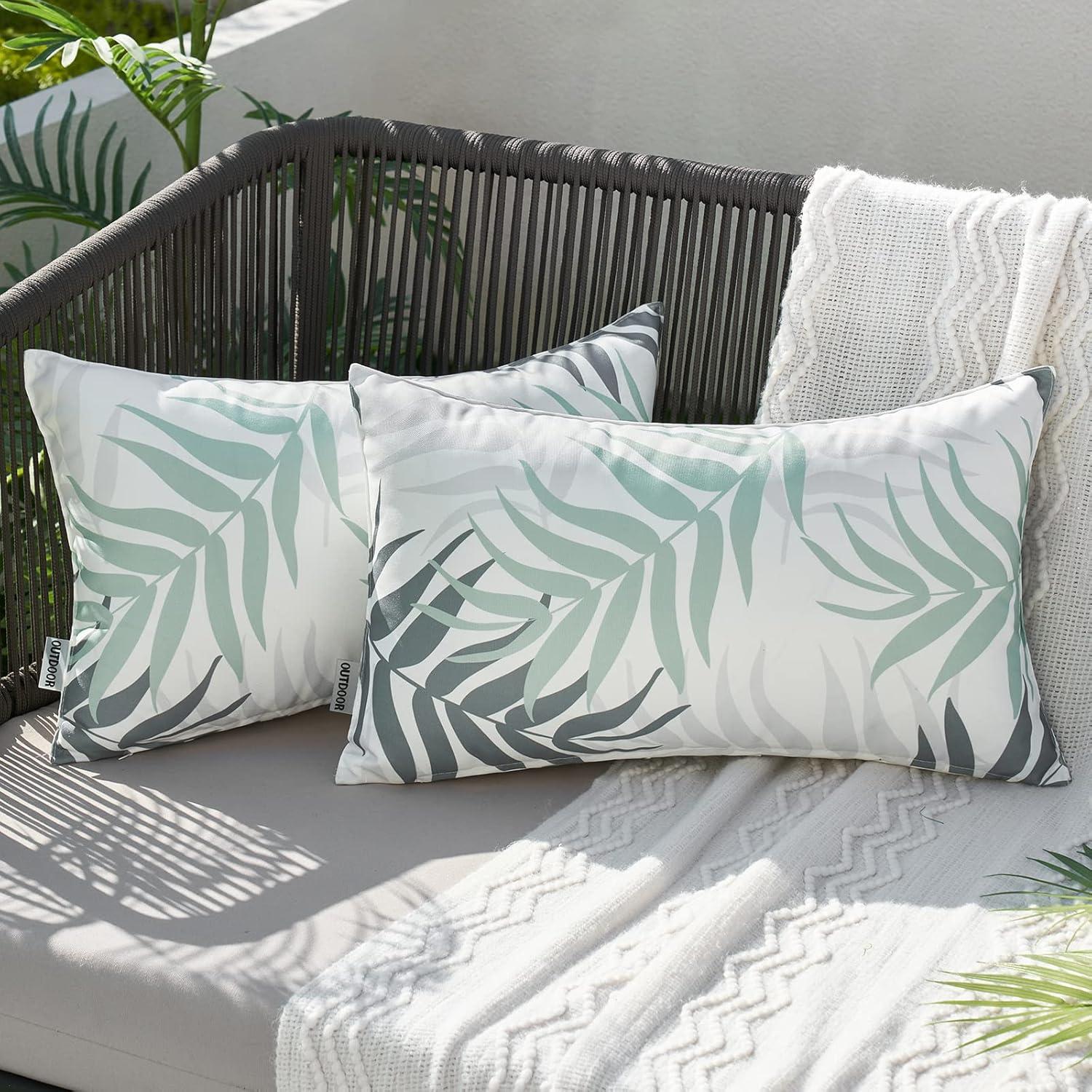 imageMIULEE Pack of 2 Fall Decorative Outdoor Waterproof Throw Pillow Covers Patio Pillow Cases Natural Leaves Pattern Spring Square Cushion Shams Shell for Garden Balcony Couch 20x20 Inch OrangeGreyish Green
