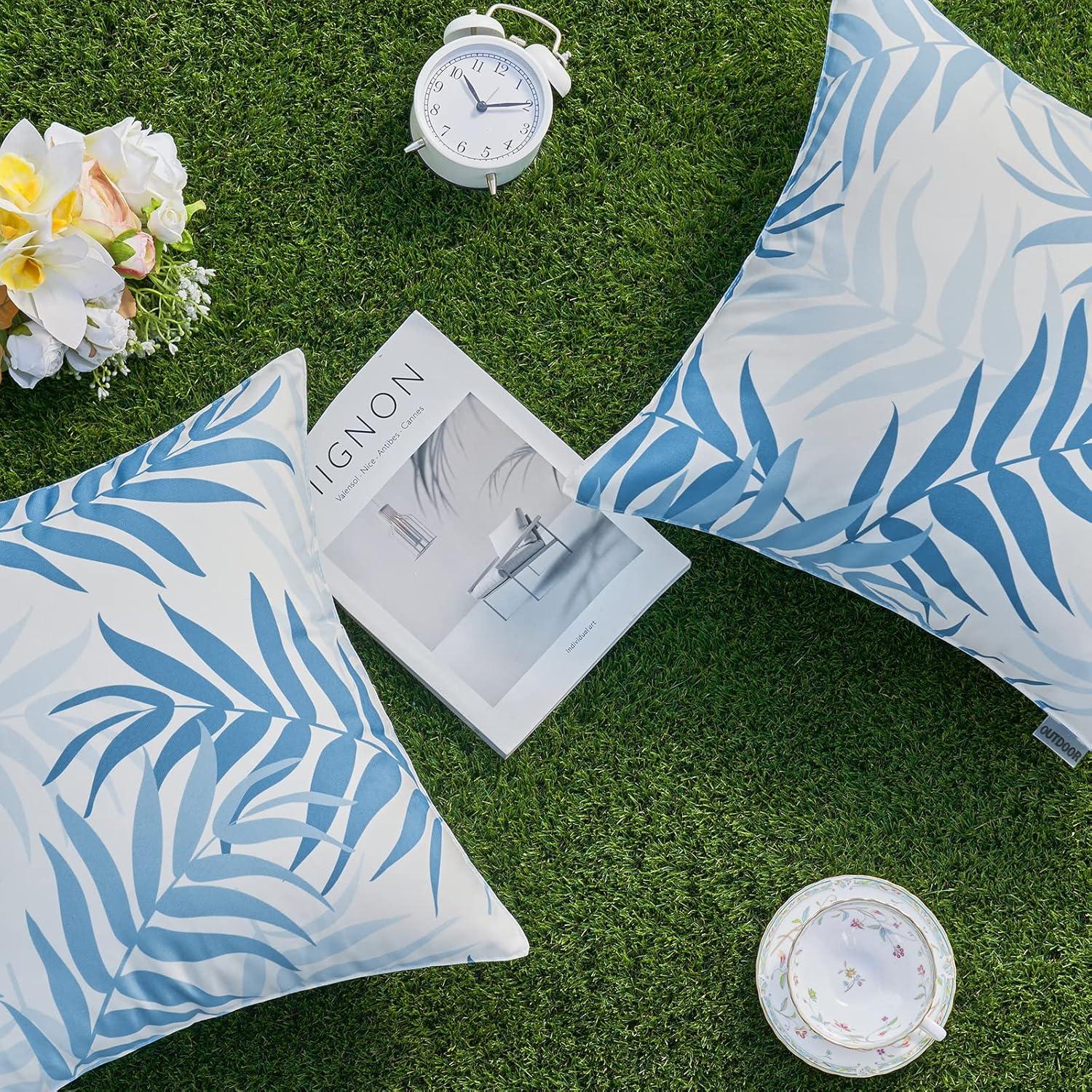 imageMIULEE Pack of 2 Fall Decorative Outdoor Waterproof Throw Pillow Covers Patio Pillow Cases Natural Leaves Pattern Spring Square Cushion Shams Shell for Garden Balcony Couch 20x20 Inch OrangeLight Blue