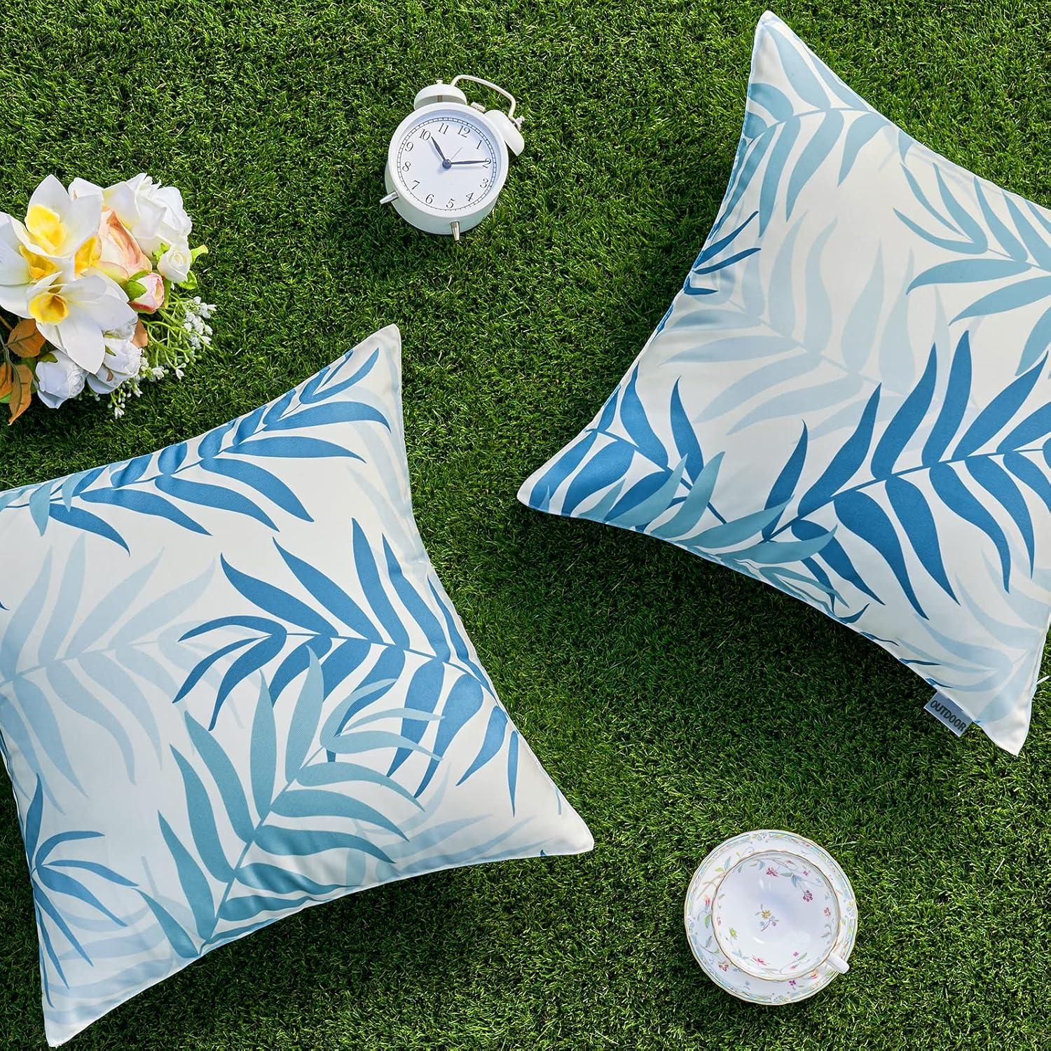 imageMIULEE Pack of 2 Fall Decorative Outdoor Waterproof Throw Pillow Covers Patio Pillow Cases Natural Leaves Pattern Spring Square Cushion Shams Shell for Garden Balcony Couch 20x20 Inch OrangeLight Blue