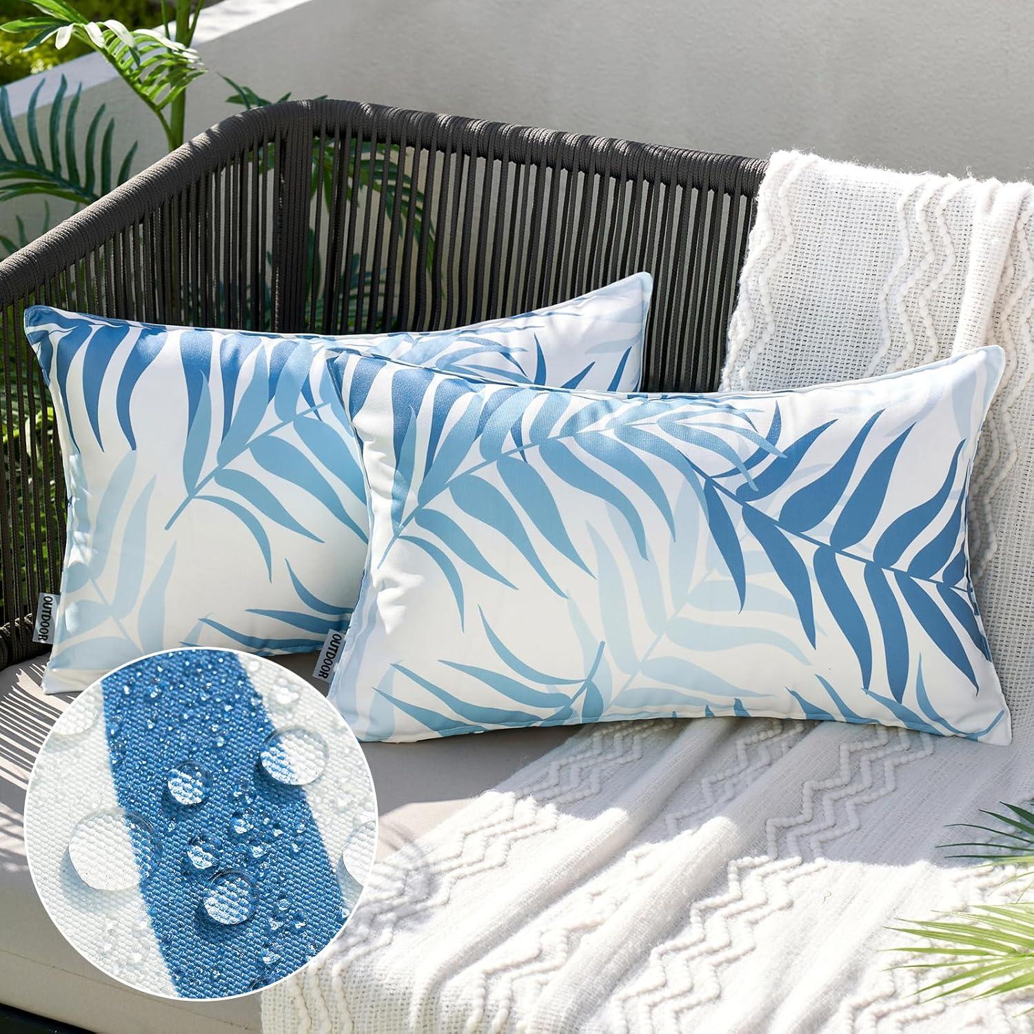 imageMIULEE Pack of 2 Fall Decorative Outdoor Waterproof Throw Pillow Covers Patio Pillow Cases Natural Leaves Pattern Spring Square Cushion Shams Shell for Garden Balcony Couch 20x20 Inch OrangeLight Blue