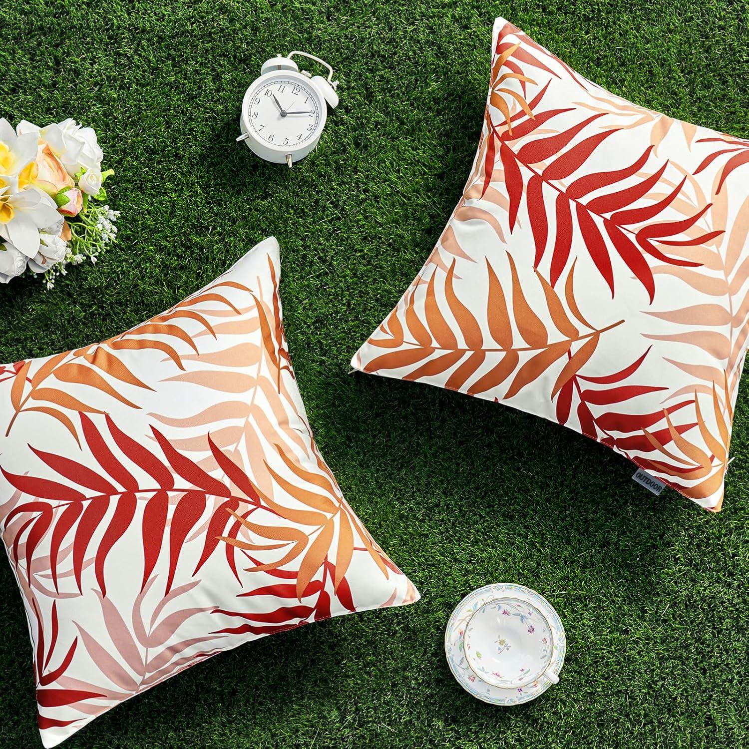 imageMIULEE Pack of 2 Fall Decorative Outdoor Waterproof Throw Pillow Covers Patio Pillow Cases Natural Leaves Pattern Spring Square Cushion Shams Shell for Garden Balcony Couch 20x20 Inch OrangeOrange