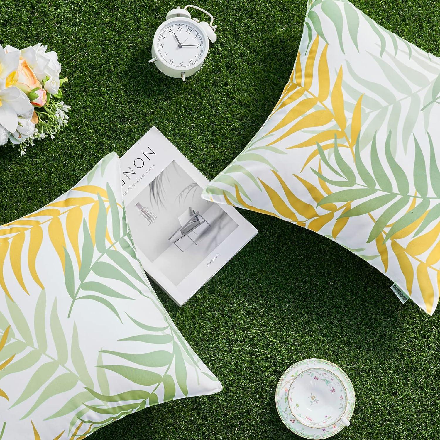 imageMIULEE Pack of 2 Fall Decorative Outdoor Waterproof Throw Pillow Covers Patio Pillow Cases Natural Leaves Pattern Spring Square Cushion Shams Shell for Garden Balcony Couch 20x20 Inch OrangeGreenyellow
