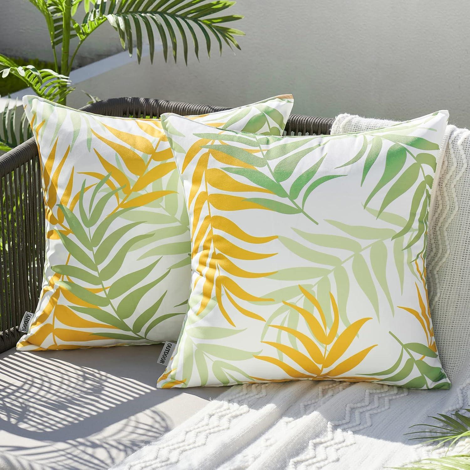 imageMIULEE Pack of 2 Fall Decorative Outdoor Waterproof Throw Pillow Covers Patio Pillow Cases Natural Leaves Pattern Spring Square Cushion Shams Shell for Garden Balcony Couch 20x20 Inch OrangeGreenyellow