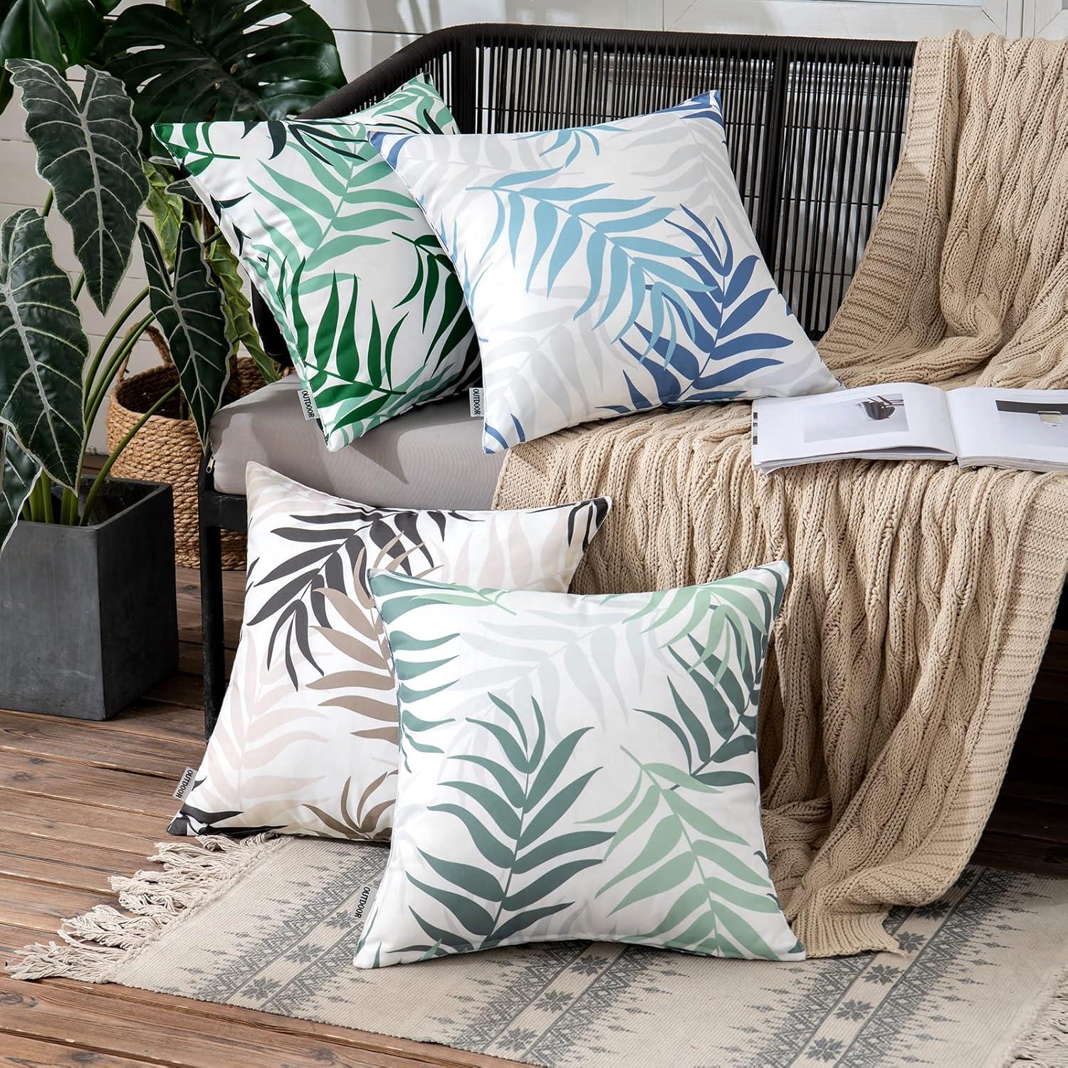 imageMIULEE Pack of 2 Fall Decorative Outdoor Waterproof Throw Pillow Covers Patio Pillow Cases Natural Leaves Pattern Spring Square Cushion Shams Shell for Garden Balcony Couch 20x20 Inch OrangeGreyish Green