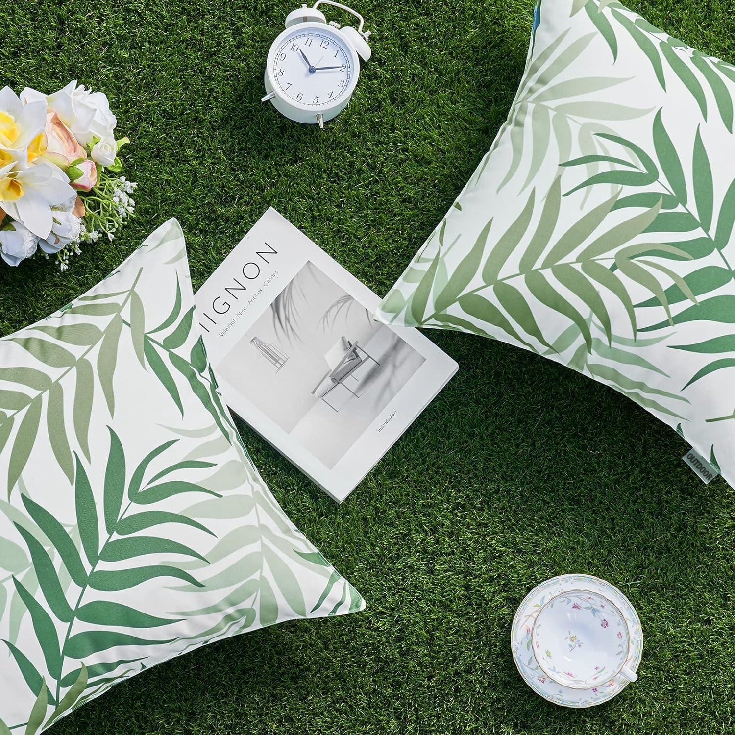imageMIULEE Pack of 2 Fall Decorative Outdoor Waterproof Throw Pillow Covers Patio Pillow Cases Natural Leaves Pattern Spring Square Cushion Shams Shell for Garden Balcony Couch 20x20 Inch OrangeSage Green