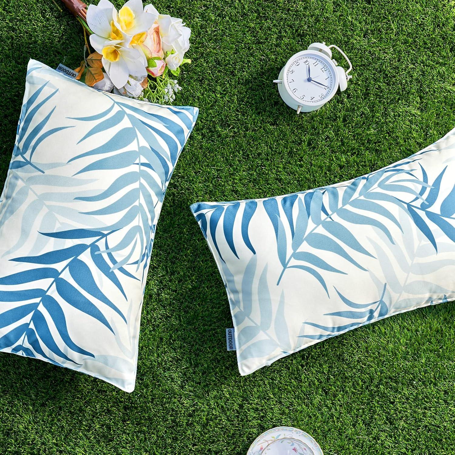 imageMIULEE Pack of 2 Fall Decorative Outdoor Waterproof Throw Pillow Covers Patio Pillow Cases Natural Leaves Pattern Spring Square Cushion Shams Shell for Garden Balcony Couch 20x20 Inch OrangeLight Blue