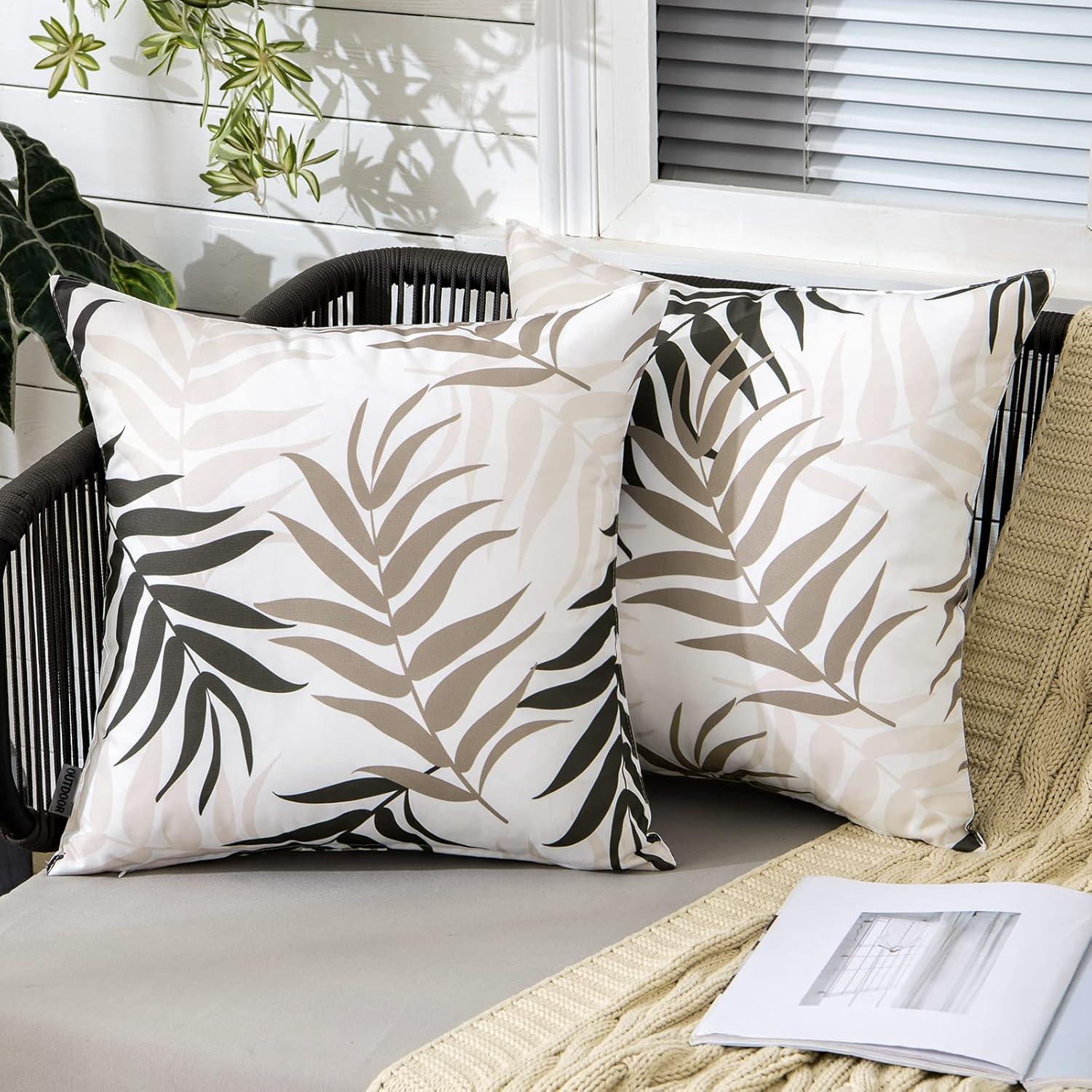 imageMIULEE Pack of 2 Fall Decorative Outdoor Waterproof Throw Pillow Covers Patio Pillow Cases Natural Leaves Pattern Spring Square Cushion Shams Shell for Garden Balcony Couch 20x20 Inch OrangeCoffee Brown