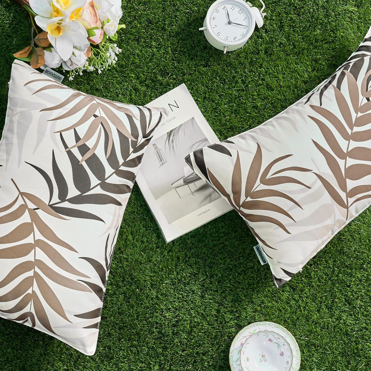 imageMIULEE Pack of 2 Fall Decorative Outdoor Waterproof Throw Pillow Covers Patio Pillow Cases Natural Leaves Pattern Spring Square Cushion Shams Shell for Garden Balcony Couch 20x20 Inch OrangeCoffee Brown