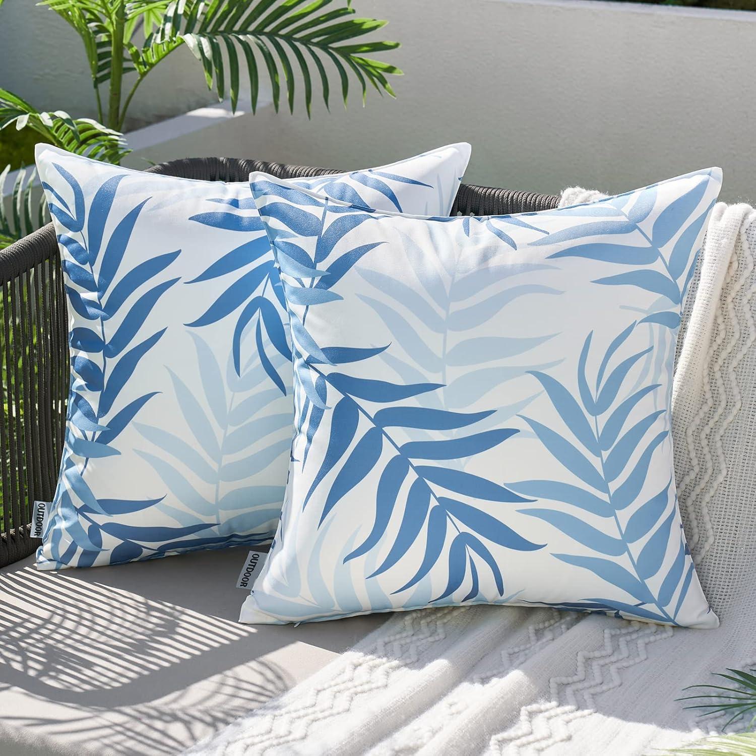 imageMIULEE Pack of 2 Fall Decorative Outdoor Waterproof Throw Pillow Covers Patio Pillow Cases Natural Leaves Pattern Spring Square Cushion Shams Shell for Garden Balcony Couch 20x20 Inch OrangeLight Blue