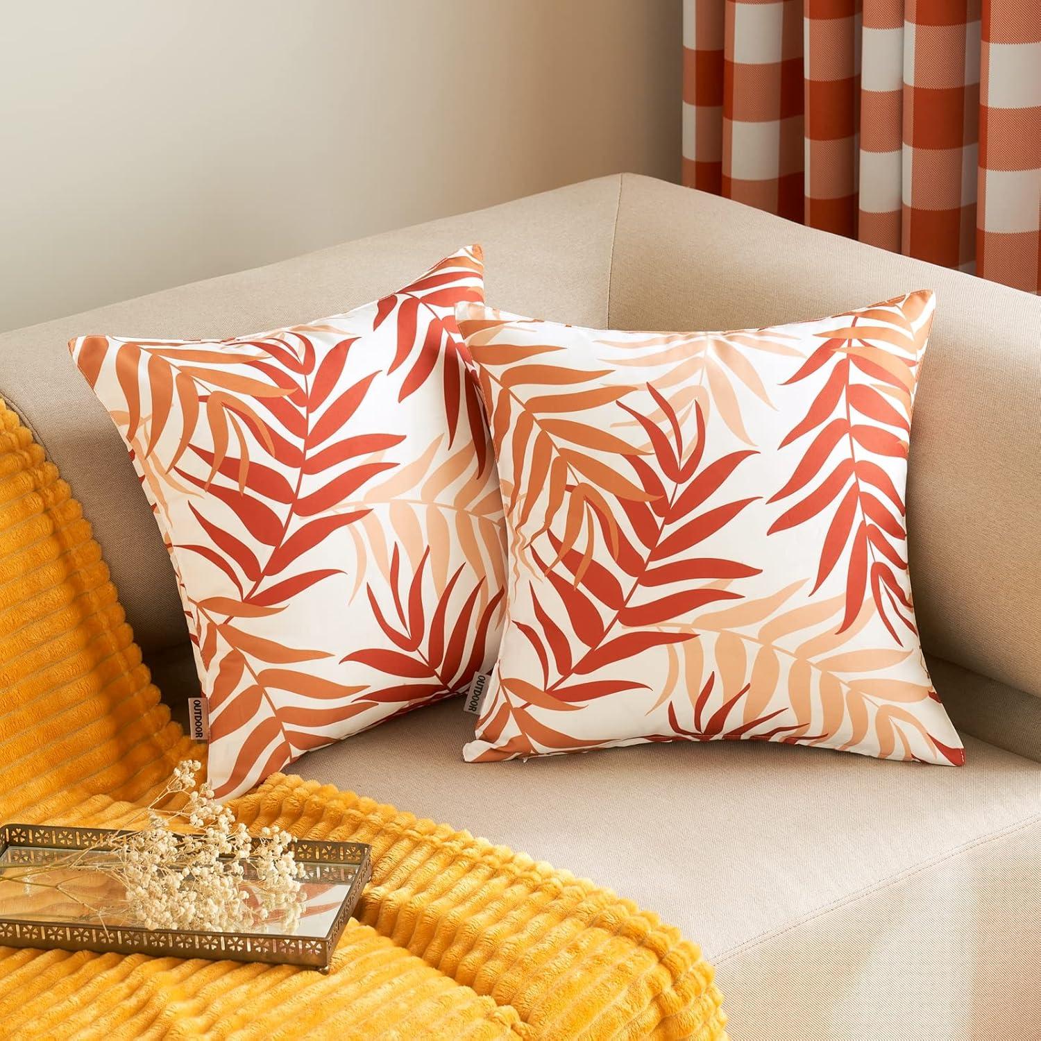imageMIULEE Pack of 2 Fall Decorative Outdoor Waterproof Throw Pillow Covers Patio Pillow Cases Natural Leaves Pattern Spring Square Cushion Shams Shell for Garden Balcony Couch 20x20 Inch OrangeOrange