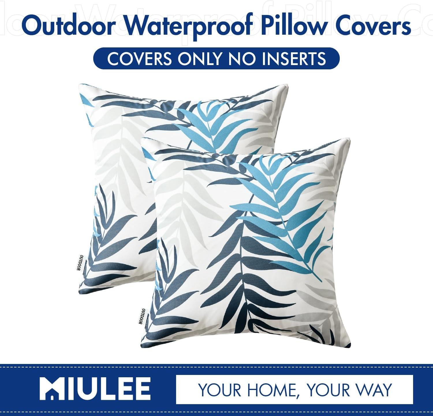 imageMIULEE Pack of 2 Fall Decorative Outdoor Waterproof Throw Pillow Covers Patio Pillow Cases Natural Leaves Pattern Spring Square Cushion Shams Shell for Garden Balcony Couch 20x20 Inch OrangeNavy Blue