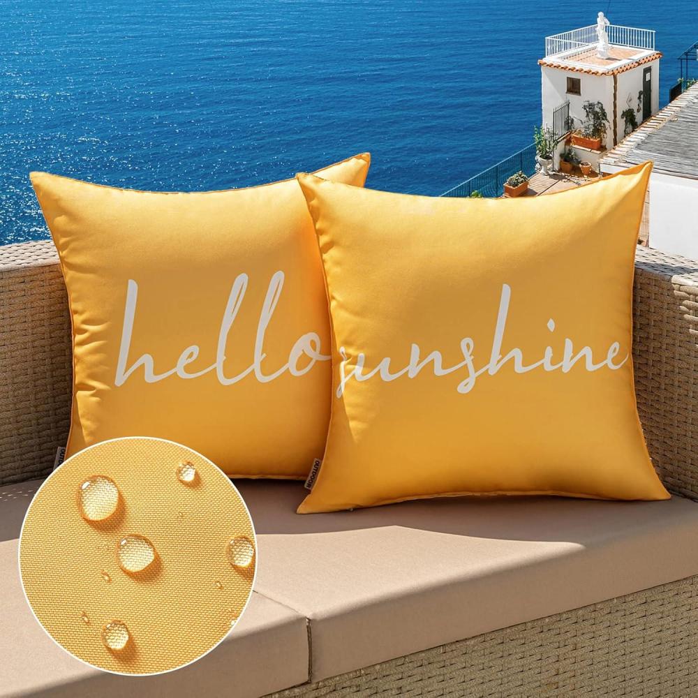 imageMIULEE Outdoor Waterproof Throw Pillow Covers Set of 2 Hello Sunshine Decorative Outdoor Square Pillowcases for Chair Patio Garden Couch Tent Balcony Sofa Black 18x18 InchYellow