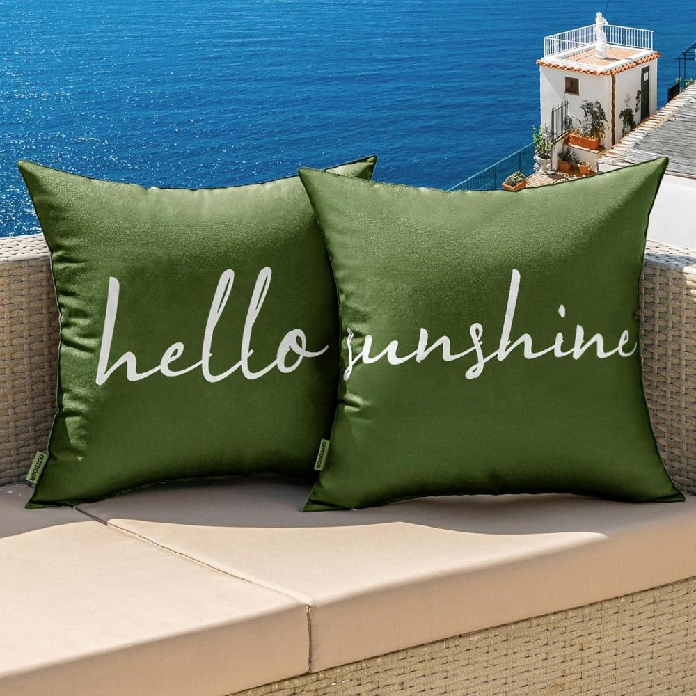 imageMIULEE Outdoor Waterproof Throw Pillow Covers Set of 2 Hello Sunshine Decorative Outdoor Square Pillowcases for Chair Patio Garden Couch Tent Balcony Sofa Black 18x18 InchOlive Green