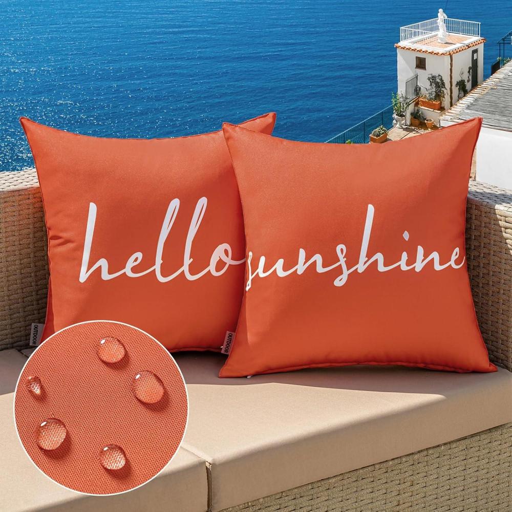 imageMIULEE Outdoor Waterproof Throw Pillow Covers Set of 2 Hello Sunshine Decorative Outdoor Square Pillowcases for Chair Patio Garden Couch Tent Balcony Sofa Black 18x18 InchCoral Red
