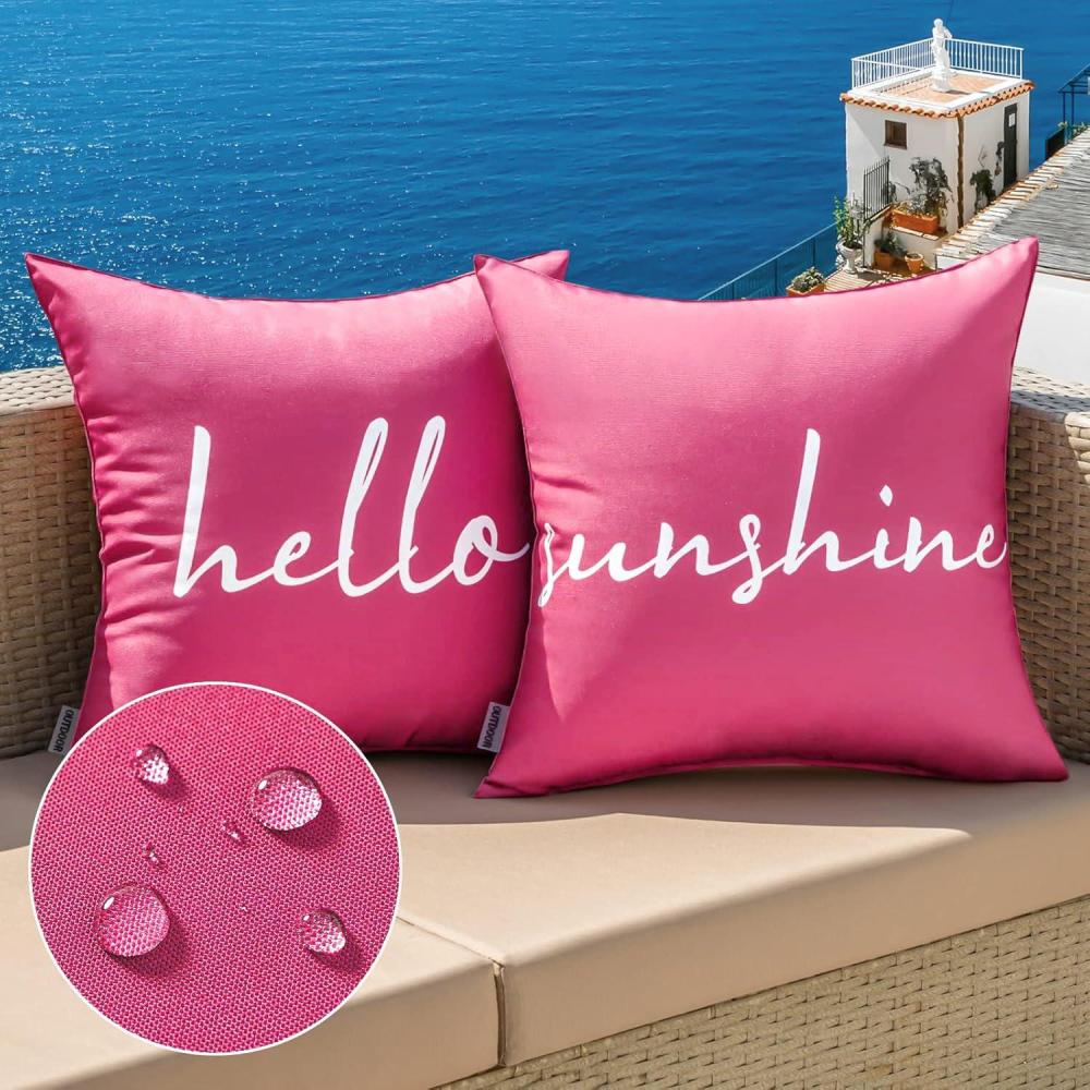 imageMIULEE Outdoor Waterproof Throw Pillow Covers Set of 2 Hello Sunshine Decorative Outdoor Square Pillowcases for Chair Patio Garden Couch Tent Balcony Sofa Black 18x18 InchHot Pink