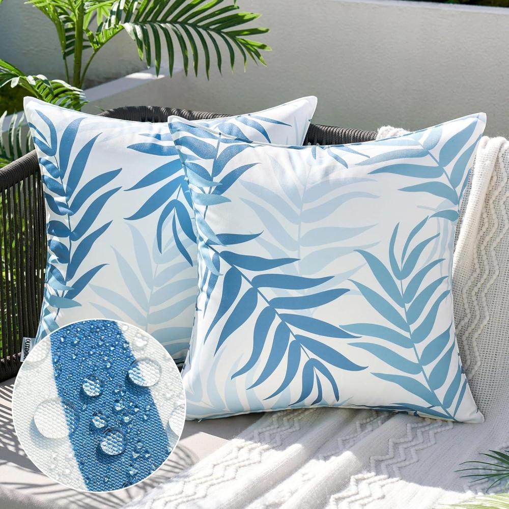imageMIULEE Pack of 2 Fall Decorative Outdoor Waterproof Throw Pillow Covers Patio Pillow Cases Natural Leaves Pattern Spring Square Cushion Shams Shell for Garden Balcony Couch 20x20 Inch OrangeLight Blue