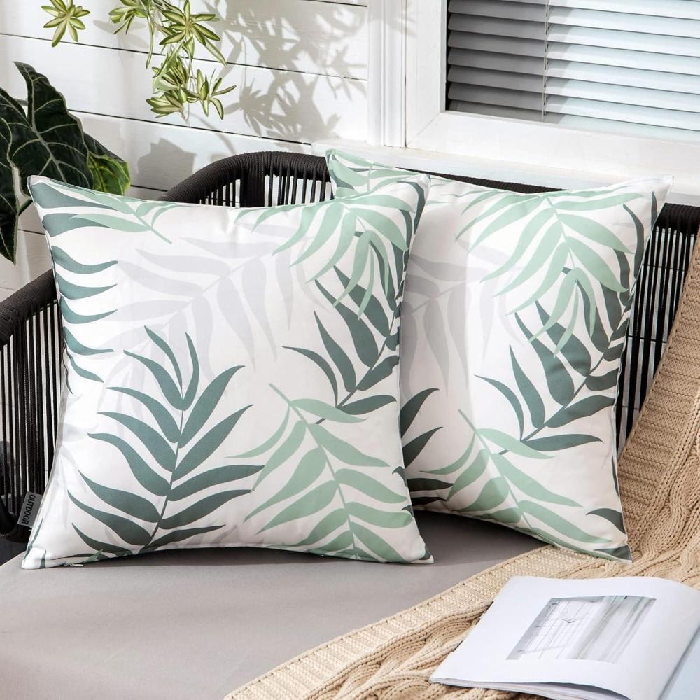 imageMIULEE Pack of 2 Fall Decorative Outdoor Waterproof Throw Pillow Covers Patio Pillow Cases Natural Leaves Pattern Spring Square Cushion Shams Shell for Garden Balcony Couch 20x20 Inch OrangeGreyish Green