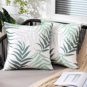 MIULEE Pack of 2 Fall Decorative Outdoor Waterproof Throw Pillow Covers Patio Pillow Cases Natural Leaves Pattern Spring Square Cushion Shams Shell for Garden Balcony Couch 20×20 Inch, Orange(Greyish Green)