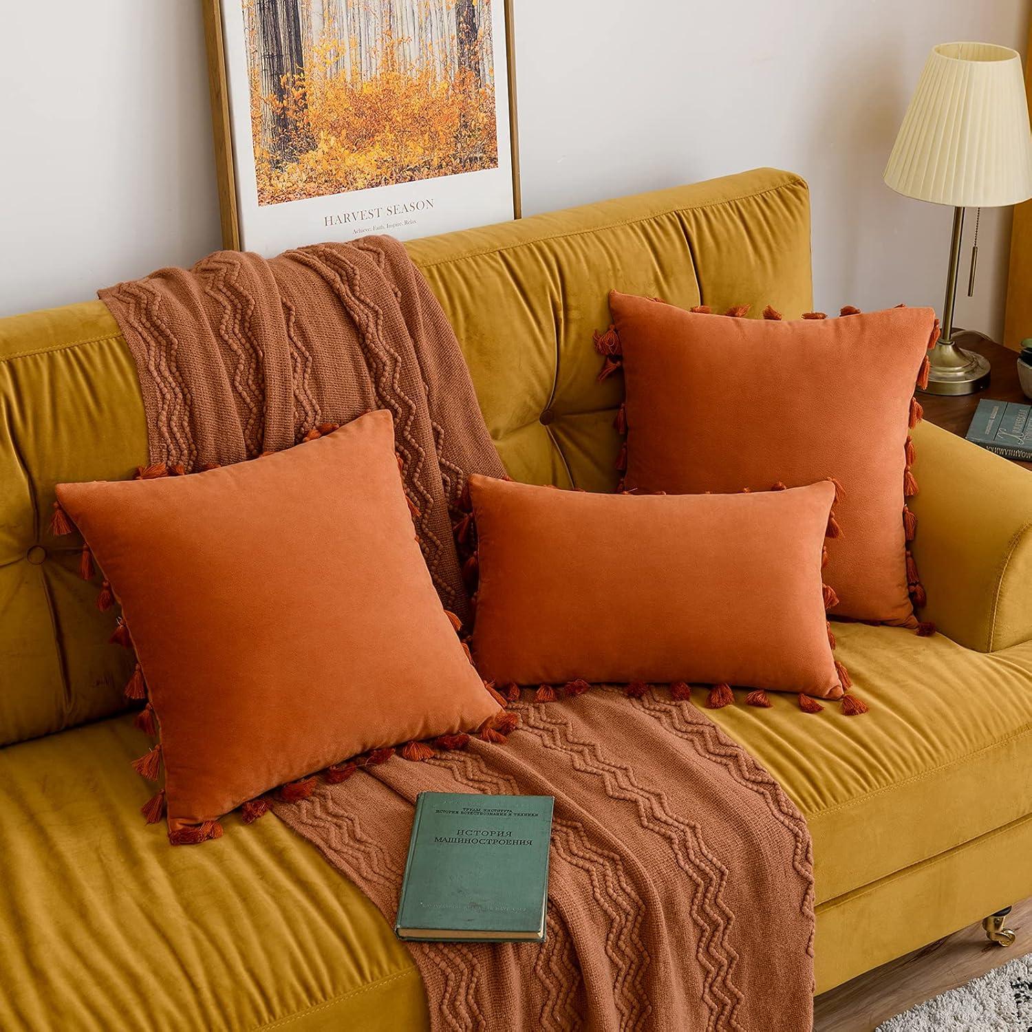 imageMIULEE Pack of 2 Fall Velvet Soft Decorative Throw Pillow Covers with Tassels Fringe Boho Accent Cushion Case for Couch Sofa Bed 22 x 22 Inch Orange