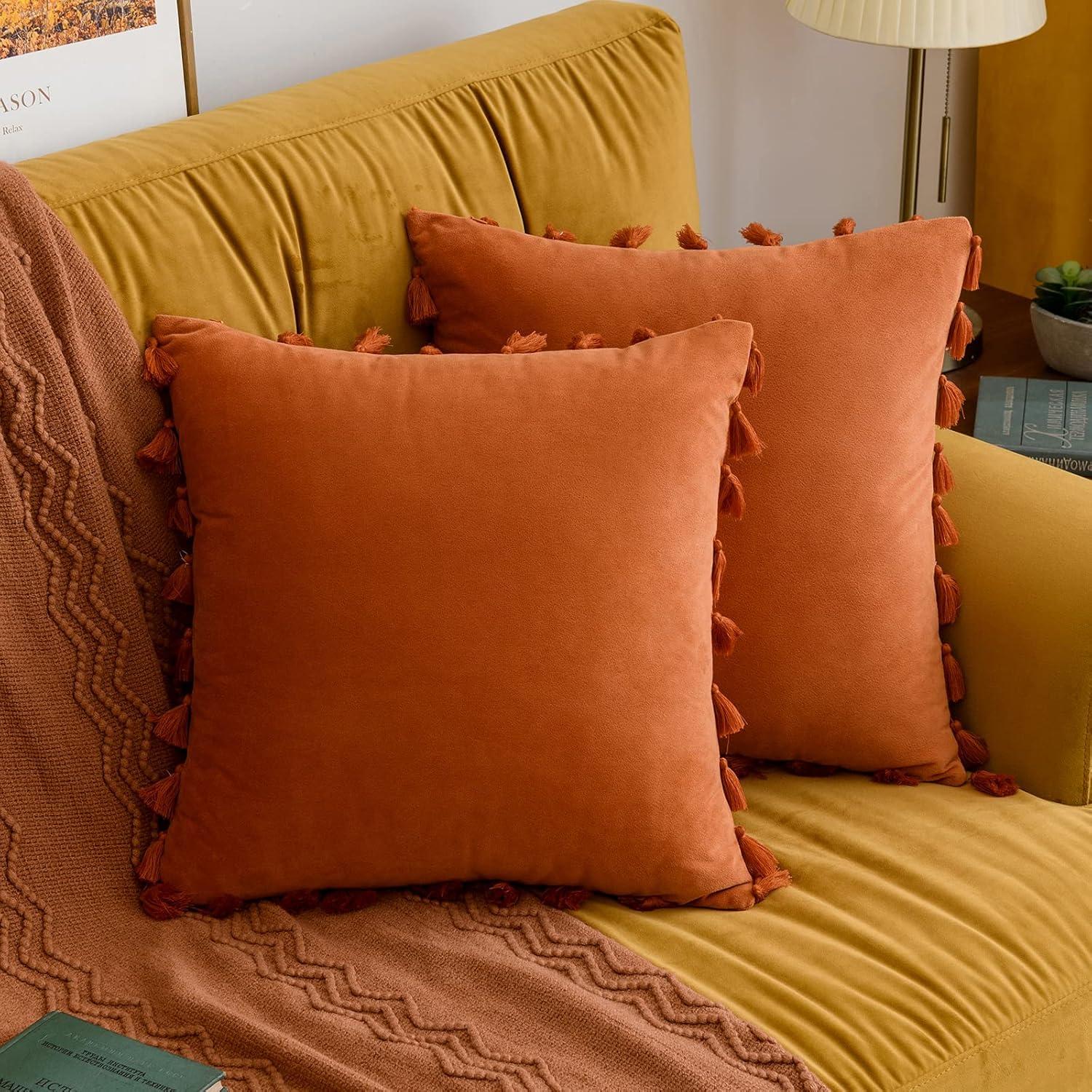 imageMIULEE Pack of 2 Fall Velvet Soft Decorative Throw Pillow Covers with Tassels Fringe Boho Accent Cushion Case for Couch Sofa Bed 22 x 22 Inch Orange