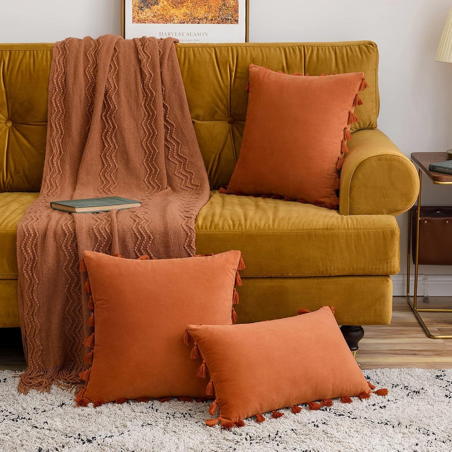 imageMIULEE Pack of 2 Fall Velvet Soft Decorative Throw Pillow Covers with Tassels Fringe Boho Accent Cushion Case for Couch Sofa Bed 22 x 22 Inch Orange