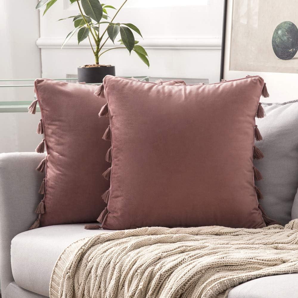 imageMIULEE Pack of 2 Velvet Soft Solid Decorative Throw Pillow Cover with Tassels Fringe Boho Accent Cushion Case for Couch Sofa Bed 18 x 18 Inch Jam