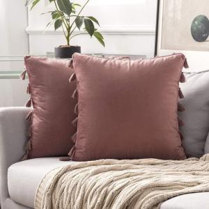 MIULEE Pack of 2 Velvet Soft Solid Decorative Throw Pillow Cover with Tassels Fringe Boho Accent Cushion Case for Couch Sofa Bed 18 x 18 Inch Jam